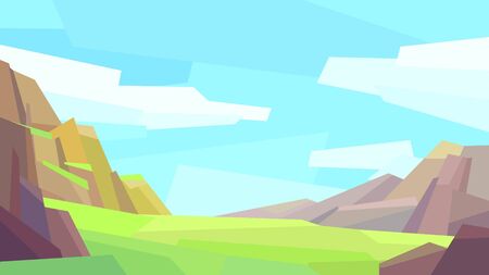 low poly landscape mountain hill rock cloud grass vector illustrationのイラスト素材