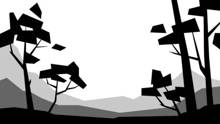 black and white low poly landscape tree mountain hill rock silhouette vector illustrationのイラスト素材