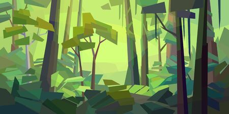 Low poly tropical landscape. Beautiful rainforest with dense ferns and trees. Horizontal vector illustrationのイラスト素材