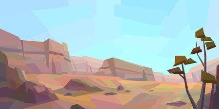 Low poly desert landscape. Mountains, vegetation, tree, rocks. Vector illustrationのイラスト素材