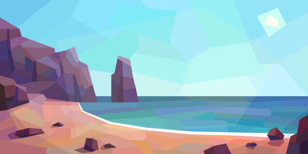Low poly ocean view. Peaks, sand beach, sun, rocks. Vector illustrationのイラスト素材
