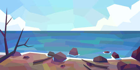 Low poly ocean view. Cumulus clouds, rocks, dirty beach, drift-woods. Vector illustrationのイラスト素材