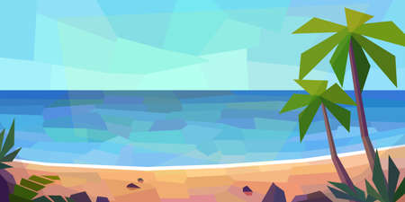 Low poly ocean view. Palms, beach, rocks, ferns. Vector illustrationのイラスト素材