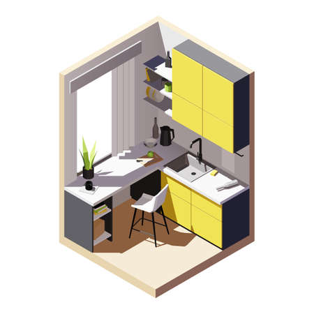 Isometric low poly yellow kitchen.  Vector illustrationのイラスト素材