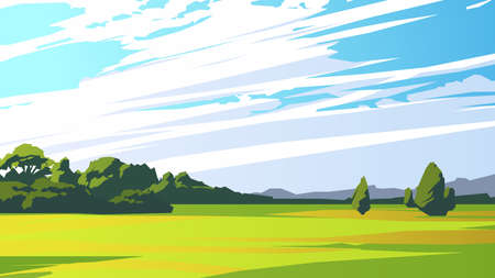 Countryside landscape with trees in the distance and cloudy sky. Vector illustrationのイラスト素材