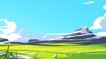 Simple landscape, with green field and mountain. Vector illustrationのイラスト素材