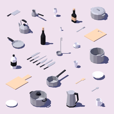 Set of isometric low poly kitchenware. Vector imageのイラスト素材