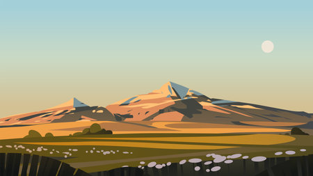 Field landscape at sunset with snowy mountain and flowers. Vector illustrationのイラスト素材