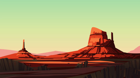Desert landscape at sunset with vegetation and mountains. Vector illustrationのイラスト素材