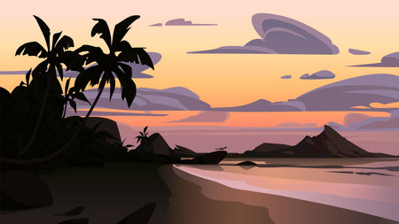 Tropical beach landscape at sunset. Vector illustrationのイラスト素材
