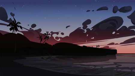 Black sand beach at sunset. Vector illustrationのイラスト素材