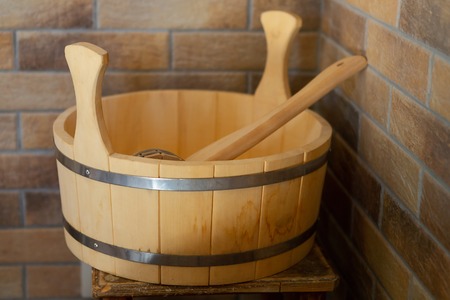 Japanese wooden bucket for a bath. National Japanese subject. Close-upの写真素材