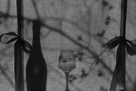 The morning sun shines through the curtain. Reflection of trees outside the window. Bottle tank. Background.の写真素材