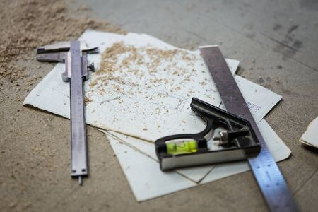 The joiner measures products. Joiner measuring tool at work. Close-up.の写真素材