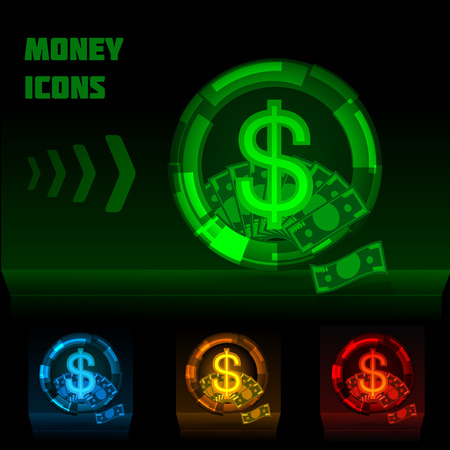 Luminescent colored money icons on dark backgroundのイラスト素材