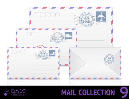 Air mail envelope with postal stamp isolated on white background.のイラスト素材