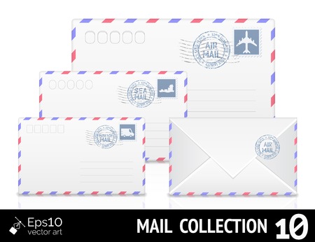 Air mail envelope with postal stamp isolated on white background.のイラスト素材