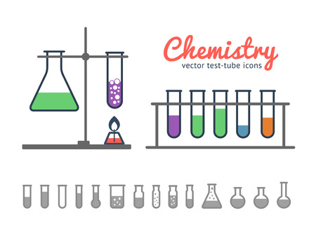 Chemical test tube icons set with laboratory tripod and chemical burne. Chemical lab equipment isolated on white.のイラスト素材