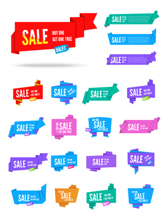 Colorful vector origami paper speech bubbles collection. Set of flat ribbon banner, label and tagのイラスト素材