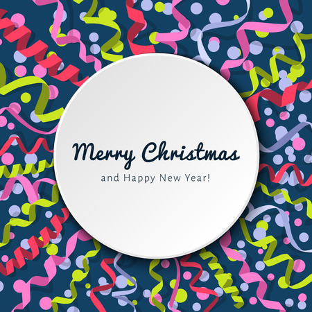 holiday template with streamers and confetti isolated on dark background with frame for your text. Carnival party serpentine decoration for your and greeting card design. Paper ribbons for Christmas and other holidayのイラスト素材