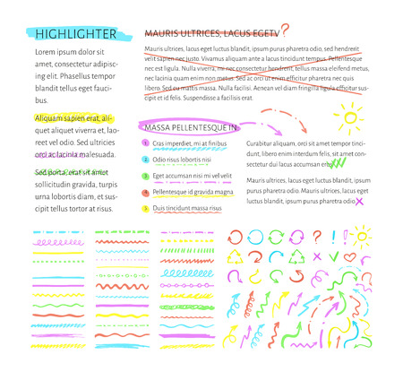 Vector highlighter elements collection with sample text for example. Set of hand drawn highlighting elements for text selection and underlineのイラスト素材