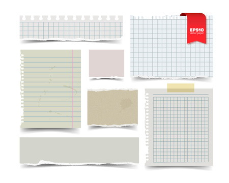 Set of old vintage notepaper sheets with shadow isolated on white background. Squared and lined notebook page wit ragged edges. Torn ragged paper pieces. Realistic vector illustration of paper pieces.のイラスト素材