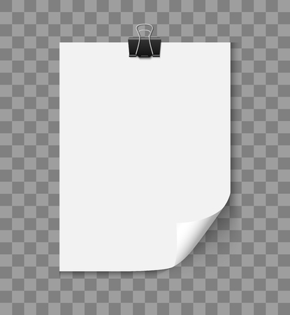 White blank paper a4 page with curled corner with paper clipisolated on transparent background. Realistic vector illustration of curled paper.のイラスト素材