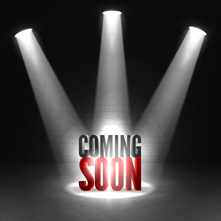 Coming soon in stage spotlight on dark background. Vector scene illuminated spotlight. Spotlight background vector. Coming soon on a show scene spotlight. Spotlight glow effect stage background.のイラスト素材