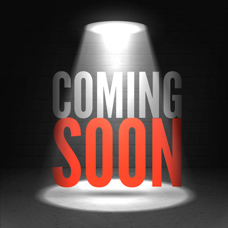 Coming soon in stage spotlight on dark background. Vector scene illuminated spotlight. Spotlight background vector. Coming soon on a show scene spotlight. Spotlight glow effect stage background.のイラスト素材