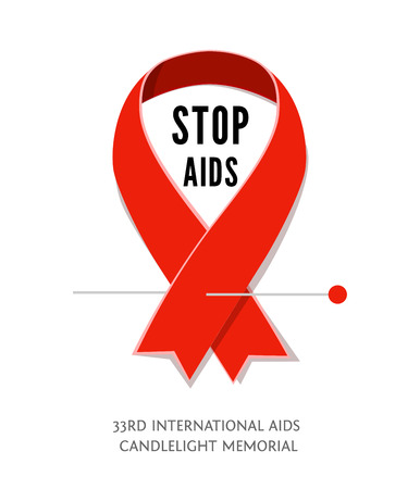 Flat AIDS Awareness red vector ribbon, symbol of AIDS memorial day isolated on white. AIDS ribbon icon with space for text. Red awareness ribbon Stop AIDS.のイラスト素材