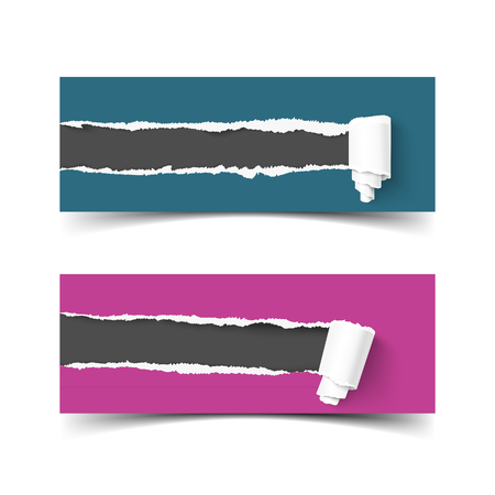 Set of banners torn paper with paper roll and ripped edges. Hole in paper, ripped edges. Torn paper frame for for scrapbooking. Web banner for promotion and advertising. Torn paper with ripped edges and paper rollsのイラスト素材