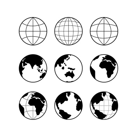 Globe Earth black icons set,  globe signs isolated on white. Travel and science concept.のイラスト素材