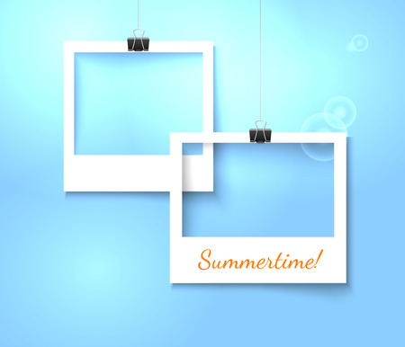 Paper photo frames composition. Vector template with photo frames on bright blue background for summer design. Photo frames realistic vector illustration. Art gallary template with photo frameのイラスト素材