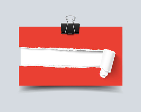 Realistic vector template business card with hole in paper torn edges and paper roll and paper clip isolated on white background. Red torn vector paper. Business card mock upのイラスト素材
