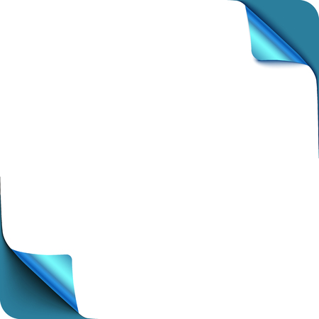 Page blue curl corners with shadow on blank white sheet of paper. White paper sticker, realistic vector paper. Element for advertising and promo message isolated. Vector illustration for your design and businessのイラスト素材