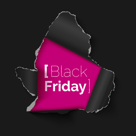 Black Fraday hole in black paper with torn sides over pink paper background with text. Realistic vector torn paper with ripped edges. Banner for web and print advertising and saleのイラスト素材
