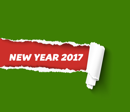 Vector torn paper template for New Year promo and advertising. Hole in red paper with torn sides as Merry Christmas background. Green teared paper edge isolated on red background. Vector paper illustrationのイラスト素材