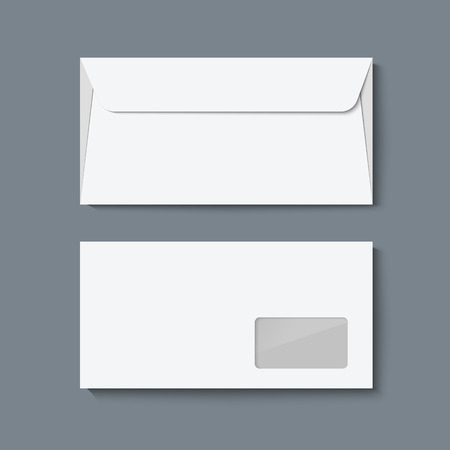 Envelope mock up. Realistic vector illustration template for designer portfolio presentetion. White paper envelopes isolated on dark gray backgroundのイラスト素材