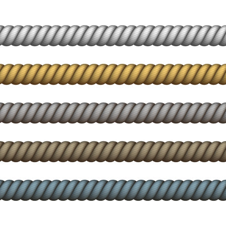 Vector Nautical rope thin and thick. Climbing twisted rope for lasso or marine knots. Navy rope of different color for border or frame.のイラスト素材
