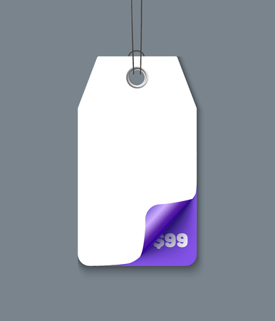 Paper sale tag with violet curl corner hanging, islated on white background. Realistic vector price tag for advertising, promotion, banner, flyerのイラスト素材