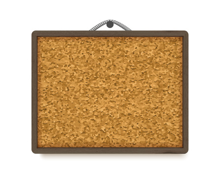 Cork board with dark wooden frame, realistic vector illustration isolated on white background. Horizontal corkboard hanging on ropeのイラスト素材