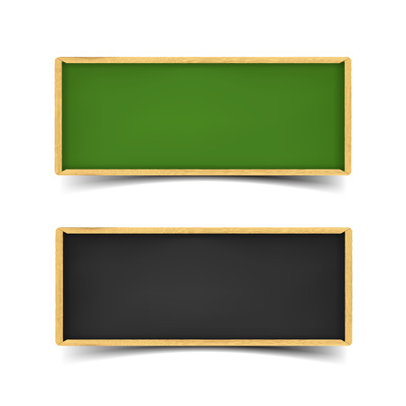 School board banner set. Realistic vector illustration of green and black boards with chalk and wooden borders. Horizontal web banners with shadow isolated on white background.のイラスト素材