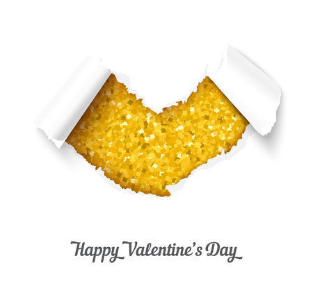 Torn paper heart over gold giller background, realistic vector illustrationのイラスト素材