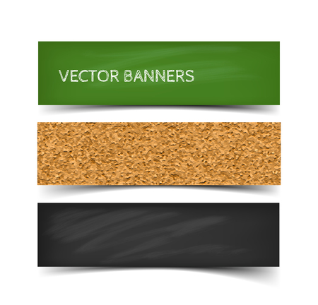 School board banner set. Realistic vector illustration of greenboard, blackboard and corkboard with chalk. Web banners with shadow isolated on white background.のイラスト素材
