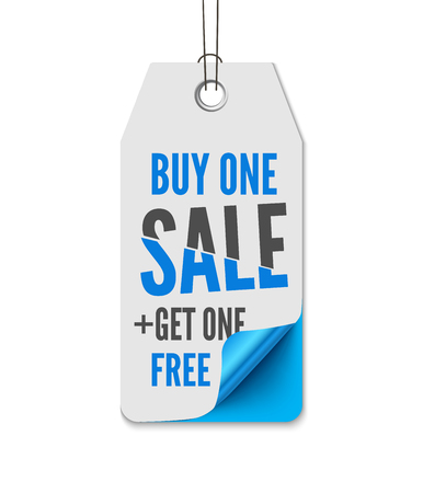 Price labels sale. Realistic vector illustration of paper isolated on white background tag with curl corner and inscription Buy one - Get on freeのイラスト素材