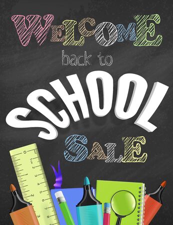 Welcome back to school Sale colorful concept. Vector funny hand drawn title with school supplies, education elements on textured black chalkboard background.のイラスト素材