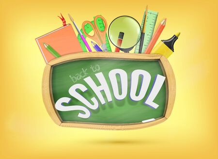 Back to school orange concept with education elements sticking out under green chalkboard on bright background. Colorful school supplies with blackboard are ready to help with learning.のイラスト素材