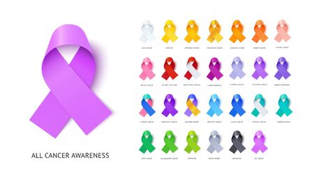 Cancer awareness ribbons realistic illustrations set. Various oncological diseases prevention, illness solidarity symbols pack with close up preview. Social support and concern expression signsのイラスト素材