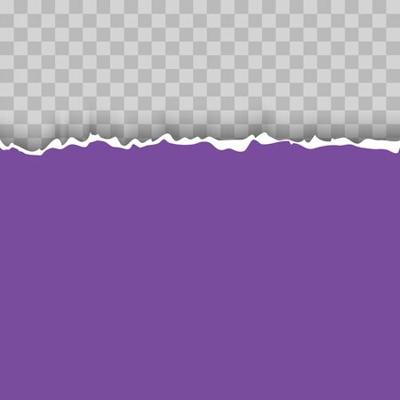 Torn ripped piece of violet paper with soft shadow is on squared grey background for text. Realistic vector illustrationのイラスト素材
