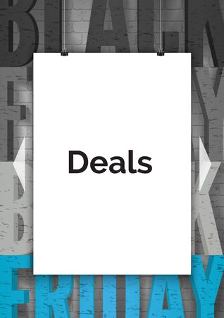 Shopping deals announcement realistic vector banner template. White paper sheet hanging on strings and binders 3d mock up. Black Friday sale advertisement poster layoutのイラスト素材